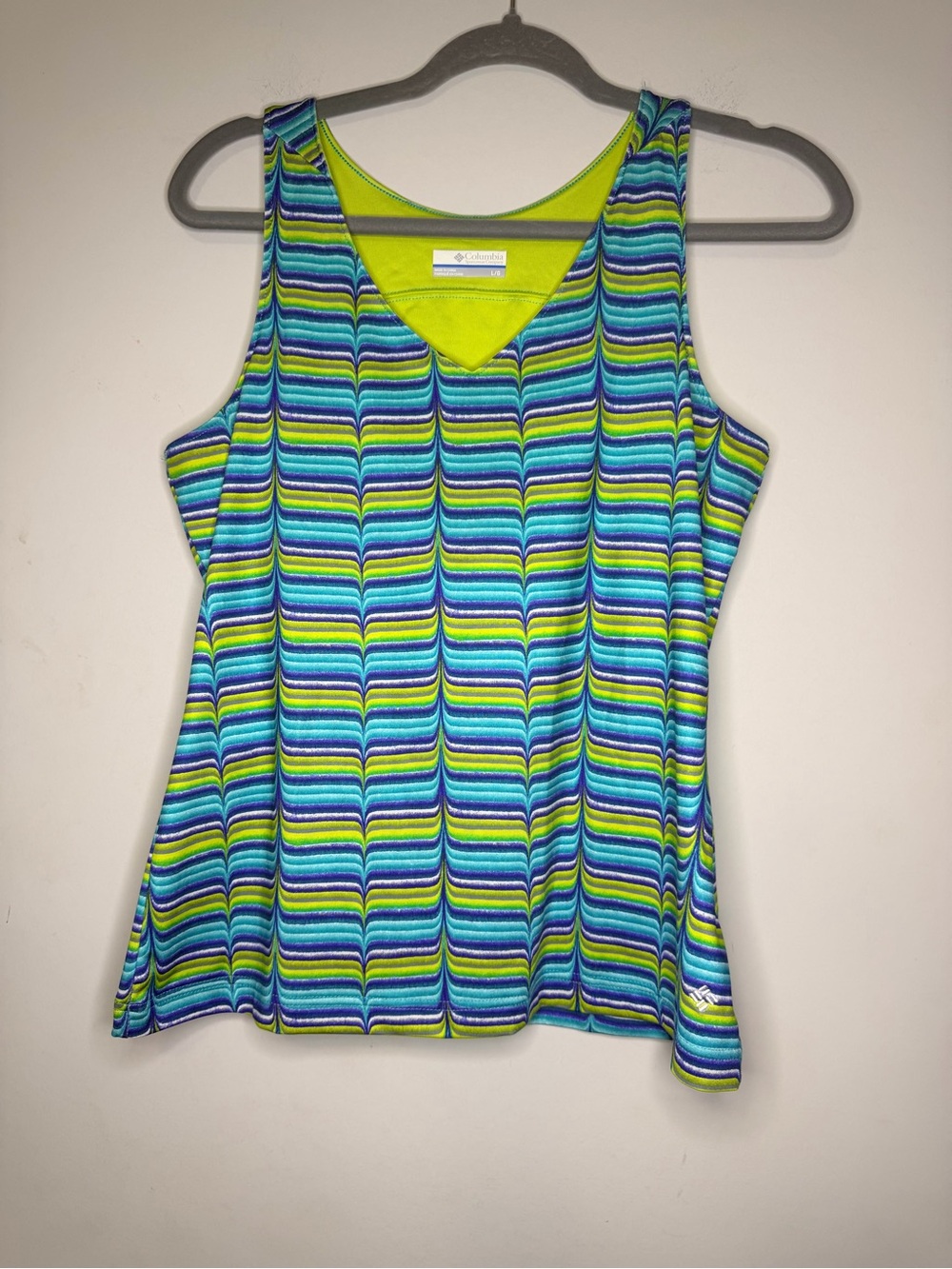 Womens L Columbia Blue & Lime Striped Tank Top with Built in Bra